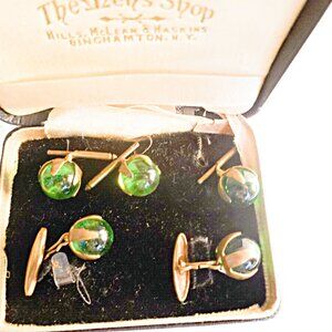 Antique Edwardian Glass Orb Chain Link Cuff links Studs Boxed